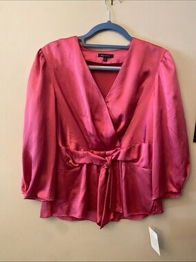 Anne Klein Rose Pink Silk Wrap Blouse with Waist Tie 🆕